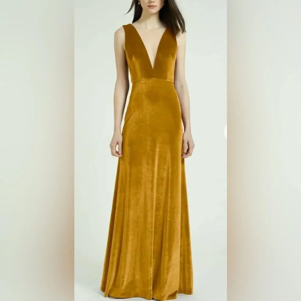 Jenny Yoo Velvet Dress Plunge V-Neck in Marigold Size 2